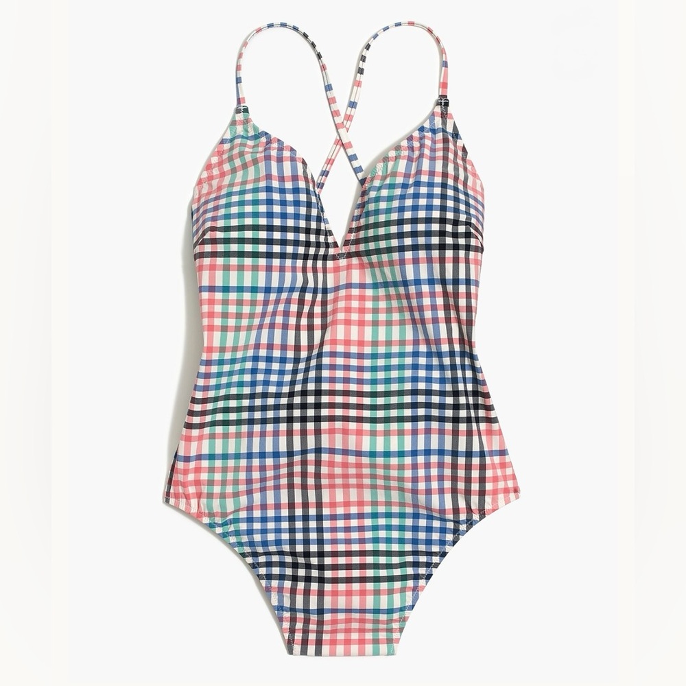 J. Crew Womens Plaid Lace-Up One-Piece Swimsuit, Rue Plaid Salt Seacoast - Sz. L
